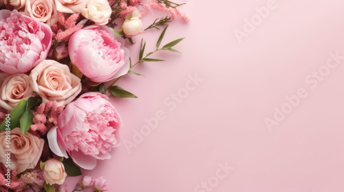 Peonies and roses on pink background. © tashechka