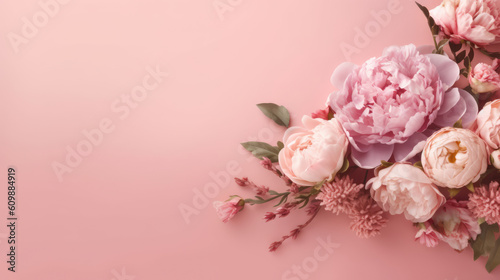 Peonies and roses on pink background. © tashechka