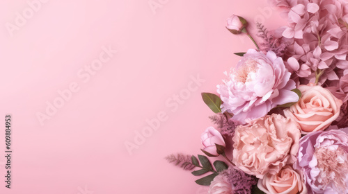 Peonies and roses on pink background.