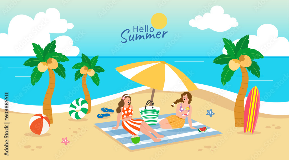 people picnic on beach vector. woman, surf board, coconut tree, enjoy summer vacation, relax, chill have fun.