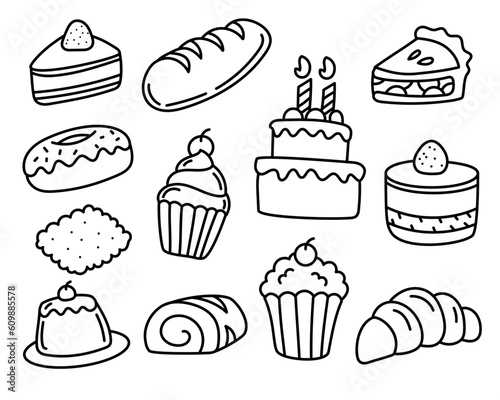 Set of cake doodle illustrations isolated on white background. Hand-drawn cakes vector illustrations