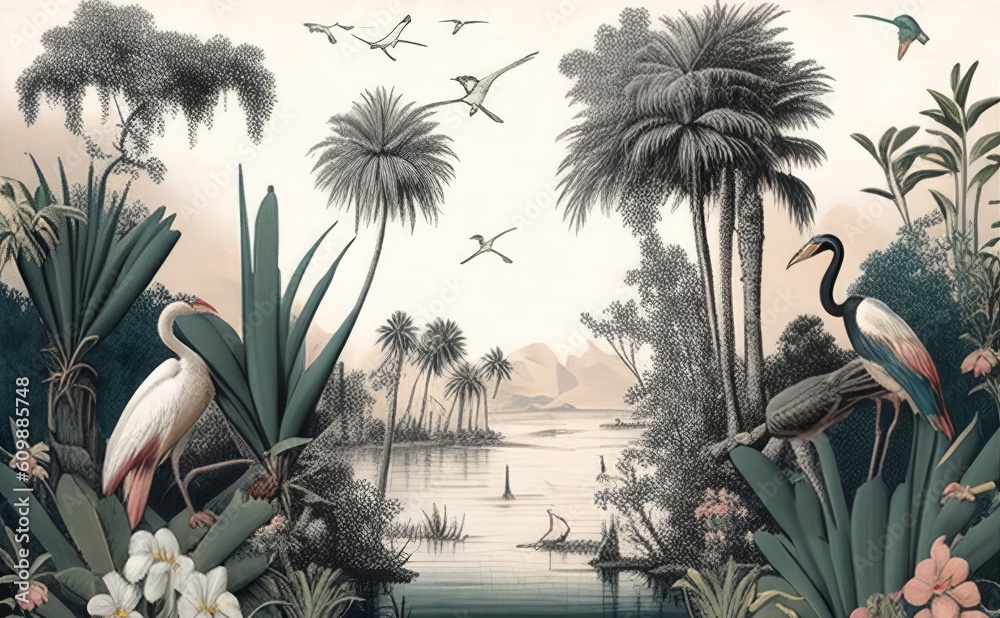 Fototapeta wallpaper vintage oasis style with birds, egrets, palms and flowers with sky background, Generative ai