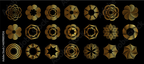 A collection of elegant golden circles art deco frames and abstract geometric design templates, a luxury linear ornament with vintage charm, utilized for packaging, branding, decoration, and more.