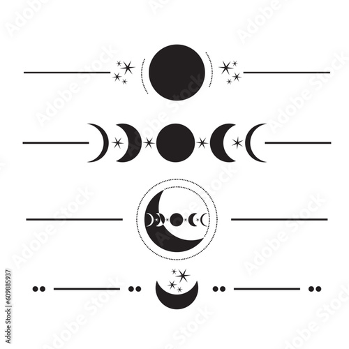 Text dividers, paragraph dividers, borders, frames with moon, stars and moon phases. 