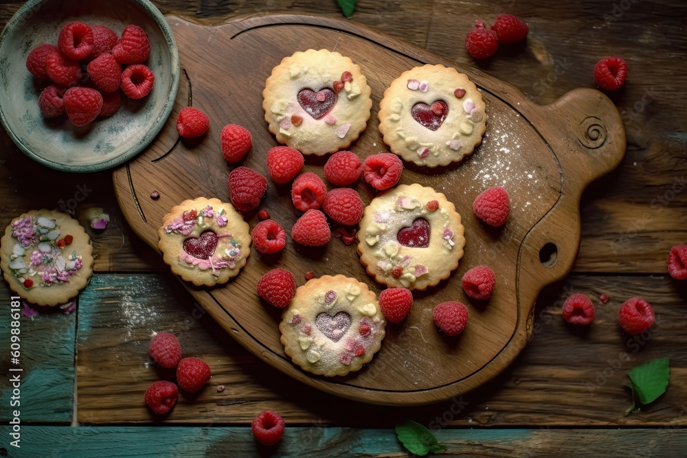 Hand made cookies with raspberries on a wooden background. Generative AI