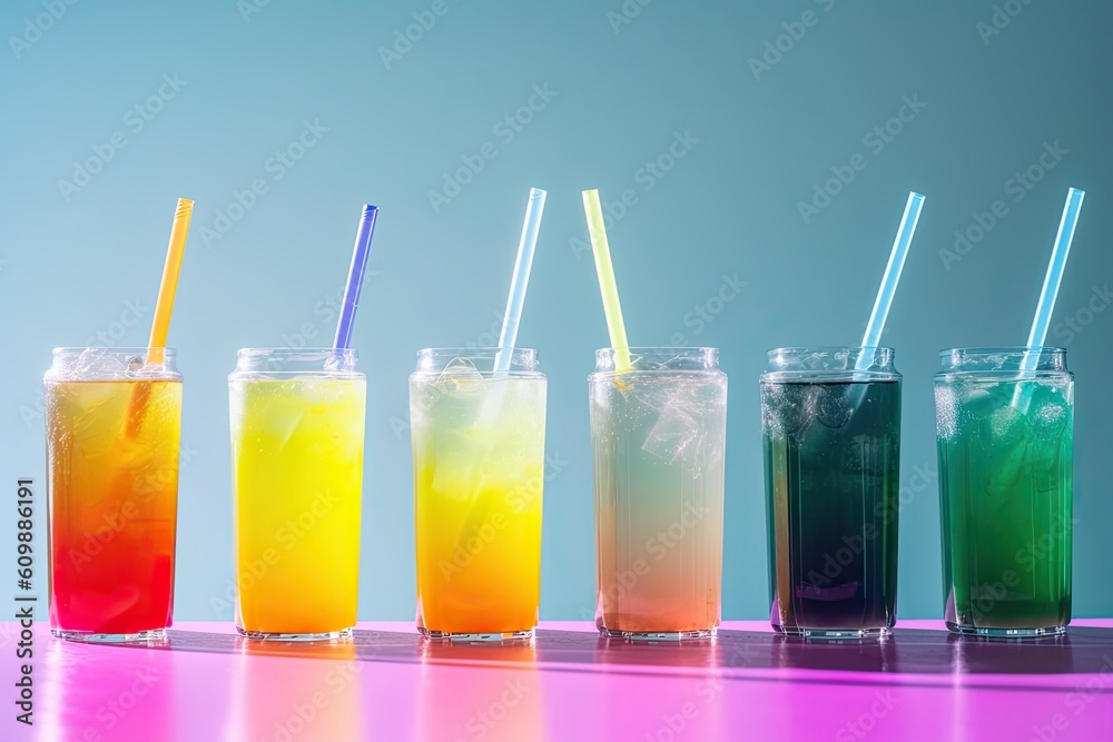 Colorful cocktails with ice cubes and straws on a table. Dark background. Generative AI Colorful cocktails with ice cubes and straws on a table. Dark background. Generative AI