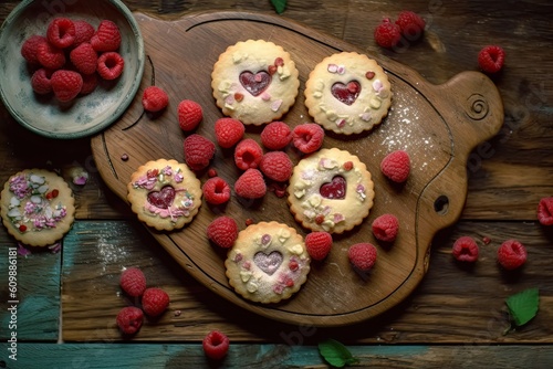 Hand made cookies with raspberries on a wooden background. Generative AI