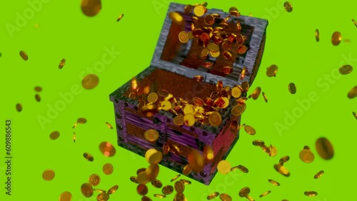 old treasure chest opened and many gold coins over 1000 pieces exploded out increase on the greenback.