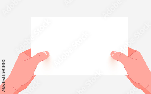 Hands hold a blank sheet of paper. Outline cartoon style.