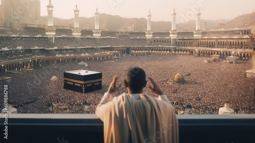 Muslim man praying with view of Kaaba in Mecca and crowd of Muslims, Generative AI