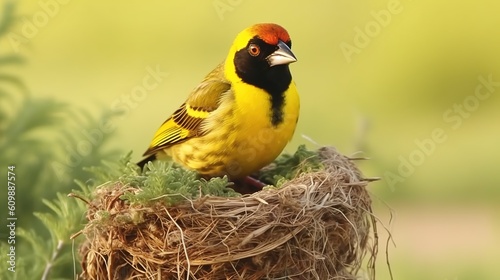 yellow weaver bird on nest photo