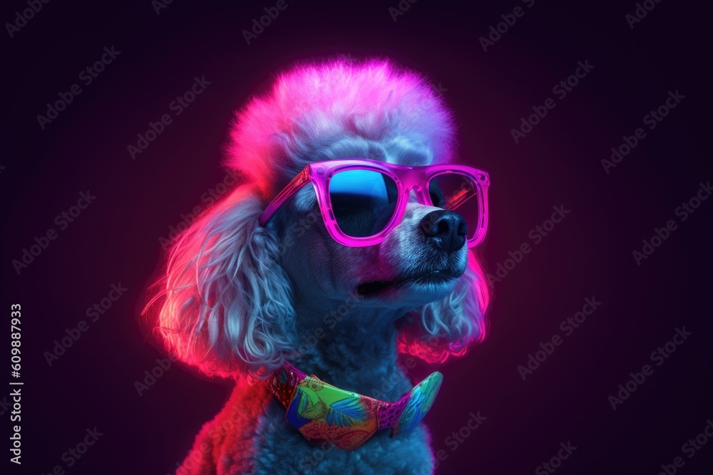 A fashionable poodle wearing glasses neon lights in the studio. Generative ai.