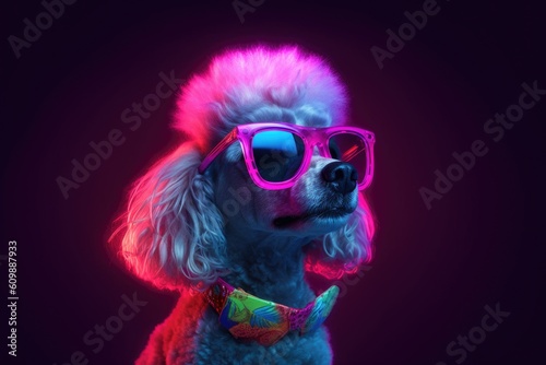 A fashionable poodle wearing glasses neon lights in the studio. Generative ai. © tong2530
