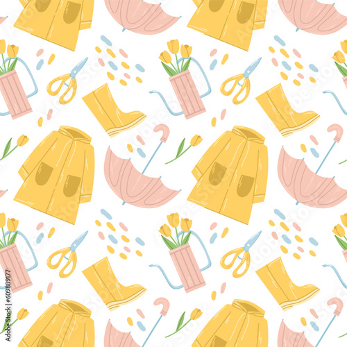 Seamless spring pattern with yellow raincoat, pink umbrella and watering can with yellow tulips on white