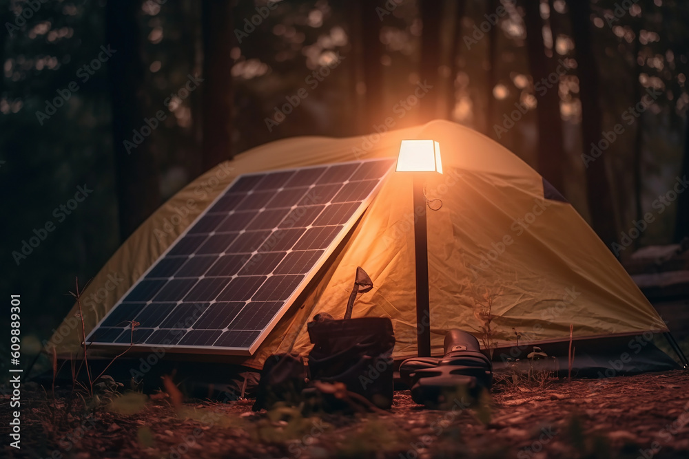 Image of a yellow camping tent in the woods with a lamp powered by solar energy at dusk.