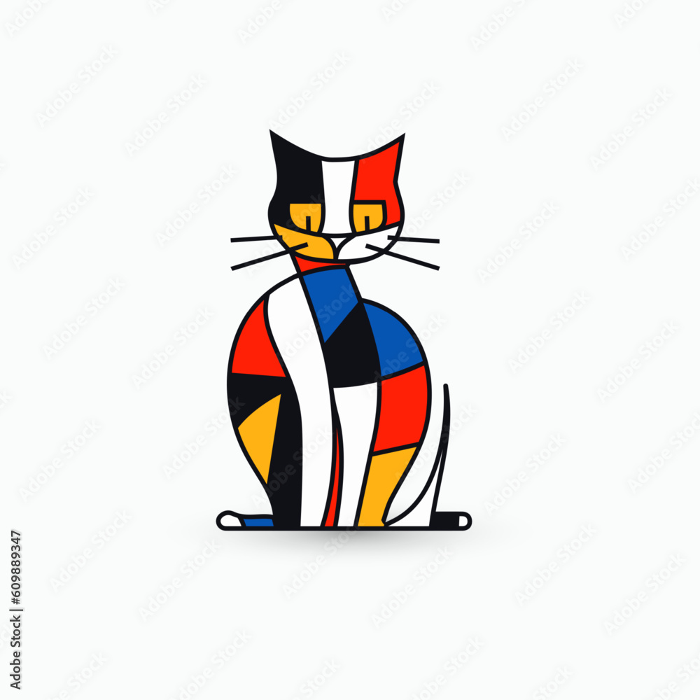 Vibrant abstract cat logo set in De Stijl style. Modern, flat design concept with geometric grid, primary colors. Branding, art, corporate identity. Simple, colorful, and eye-catching. Vector logo