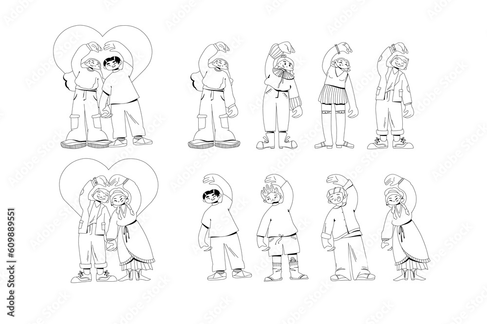 Multiple people folding hands in the shape of heart, constructor interchangeable set, isolated on white Multiple people folding hands in the shape of heart, constructor interchangeable set, isolated on white
