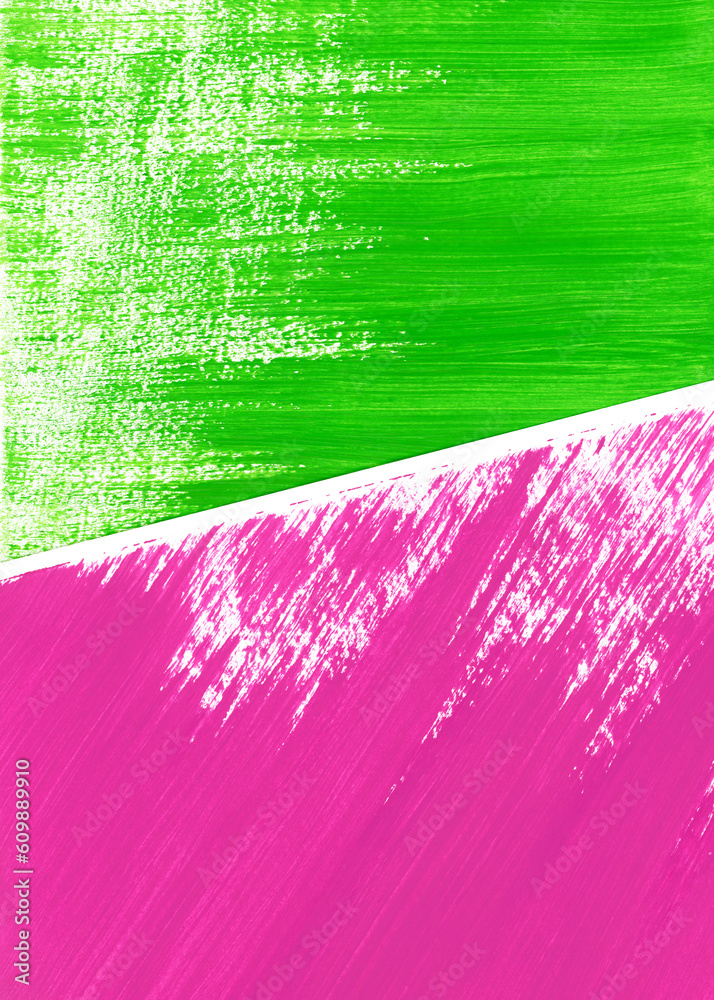Acrylic or gouache bright green and pink paint on texture paper. Two abstract drawings lie on on surface, overlapping each other. Partially visible, close up, vertical image.