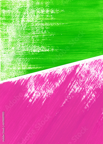 Obraz na płótnie Acrylic or gouache bright green and pink paint on texture paper. Two abstract drawings lie on on surface, overlapping each other. Partially visible, close up, vertical image. w salonie