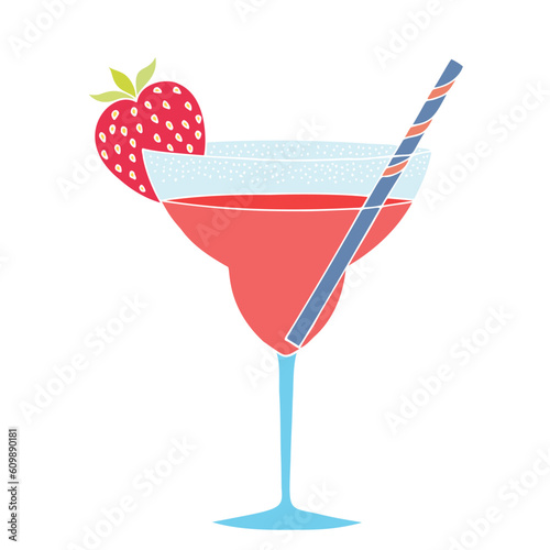 Fresh cocktail with strawberries and a paper tube for drinking. Prohibition of plastic tubes. Freehand drawing. Doodle. Hand Drawn. Outline.	