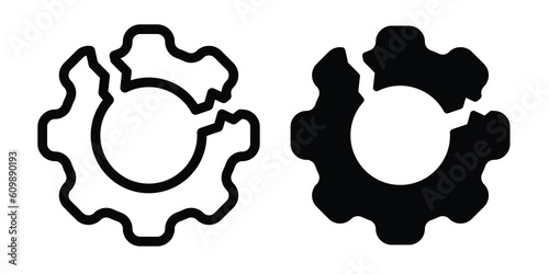 Broken gear wheel icon vector. Damage cog wheel line symbol with crack. 