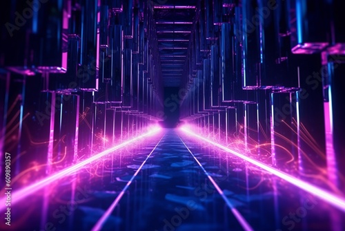 Wallpaper with futuristic neon lights, fiber optic internet connections, the concept of DATA communication transfer in a city light is fantastic. Generative AI.