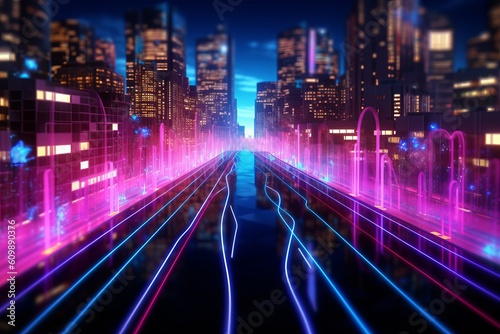 Wallpaper with futuristic neon lights, fiber optic internet connections, the concept of DATA communication transfer in a city light is fantastic. Generative AI. © PrusarooYakk