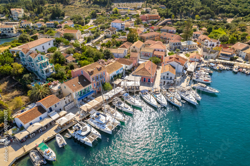 Aerial view of the picturesque Fiskardo village and port Kefalonia, Greece