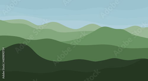 Minimal panoramic landscape with green hills and blue sky. Summer holidays and Nature landscape for background, horizontal poster, cover and card. Vector illustration