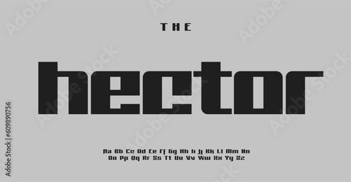 Techno alphabet, industrial robust sans serif letters, wide geometric modular font for square modern logo, emphasis headline, contemporary typography, modern typographic design. Vector typeset.