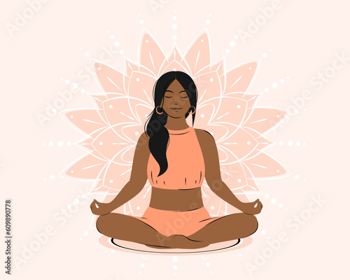 Woman meditating, practicing yoga. Vector illustration.