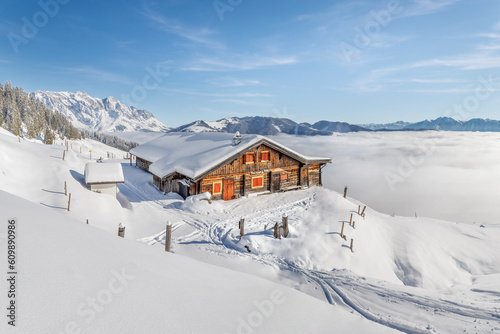 Wooden mountain chalet in the alps in winter © mRGB