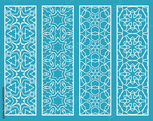 Decorative geometric line borders with repeating texture. Tribal ethnic arabic, indian, turkish ornament, bookmarks templates set. Isolated design elements. Stylized lace patterns collection