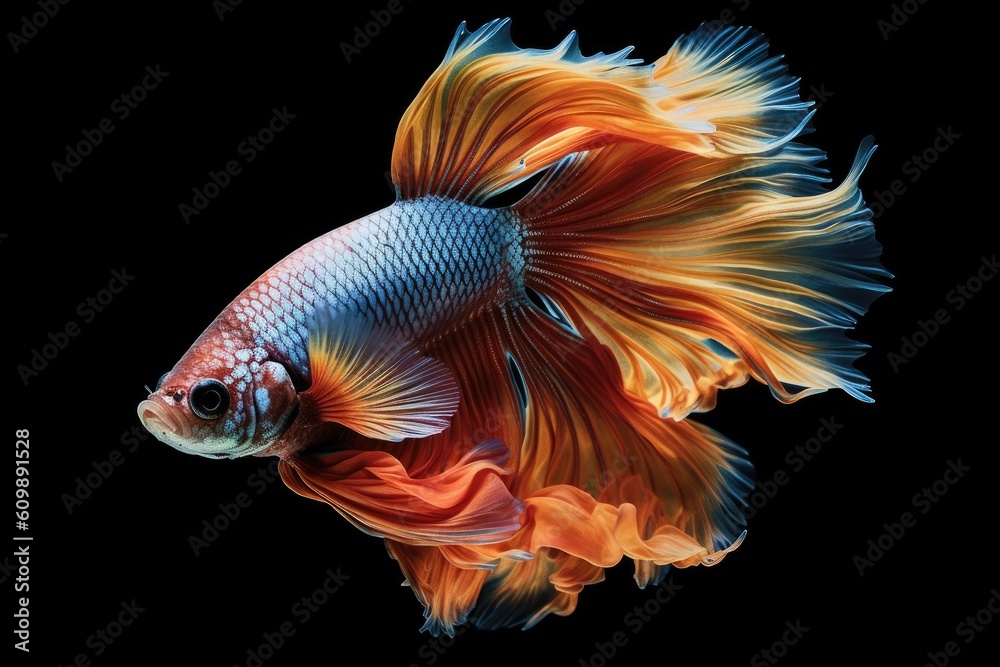 Fototapeta premium A dragon fighting fish Betta splendens on black background. Multi color Siamese fighting fish. Generative AI