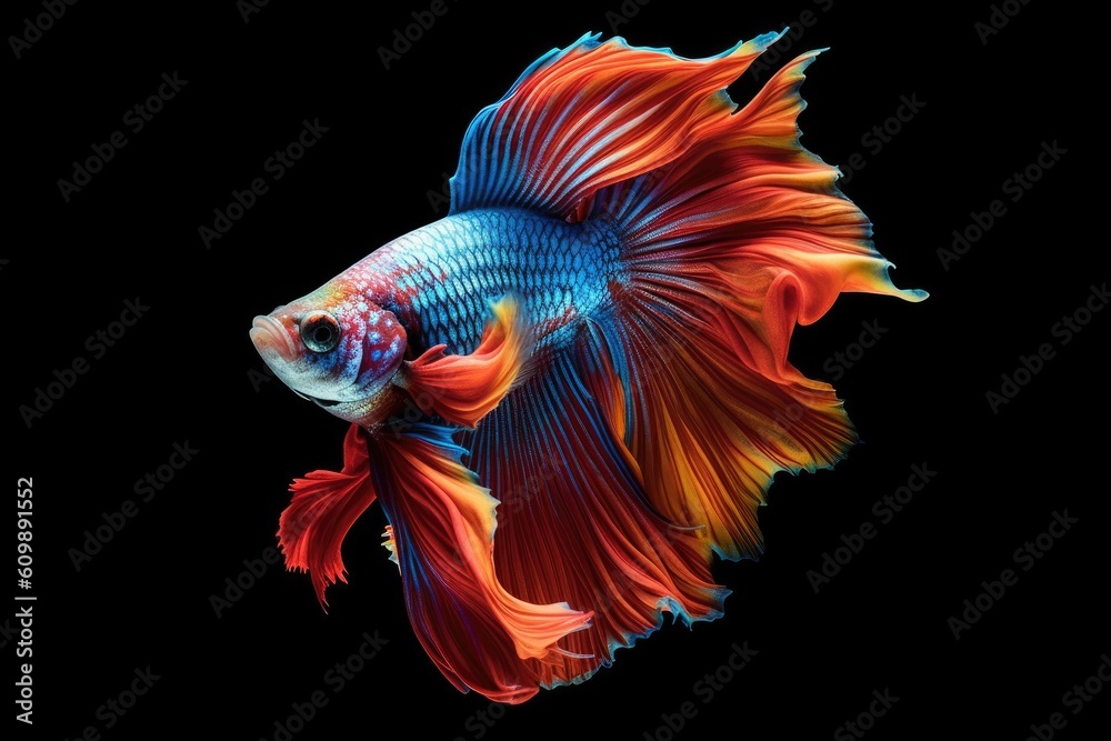 A dragon fighting fish Betta splendens on black background. Multi color Siamese fighting fish. Generative AI A dragon fighting fish Betta splendens on black background. Multi color Siamese fighting fish. Generative AI
