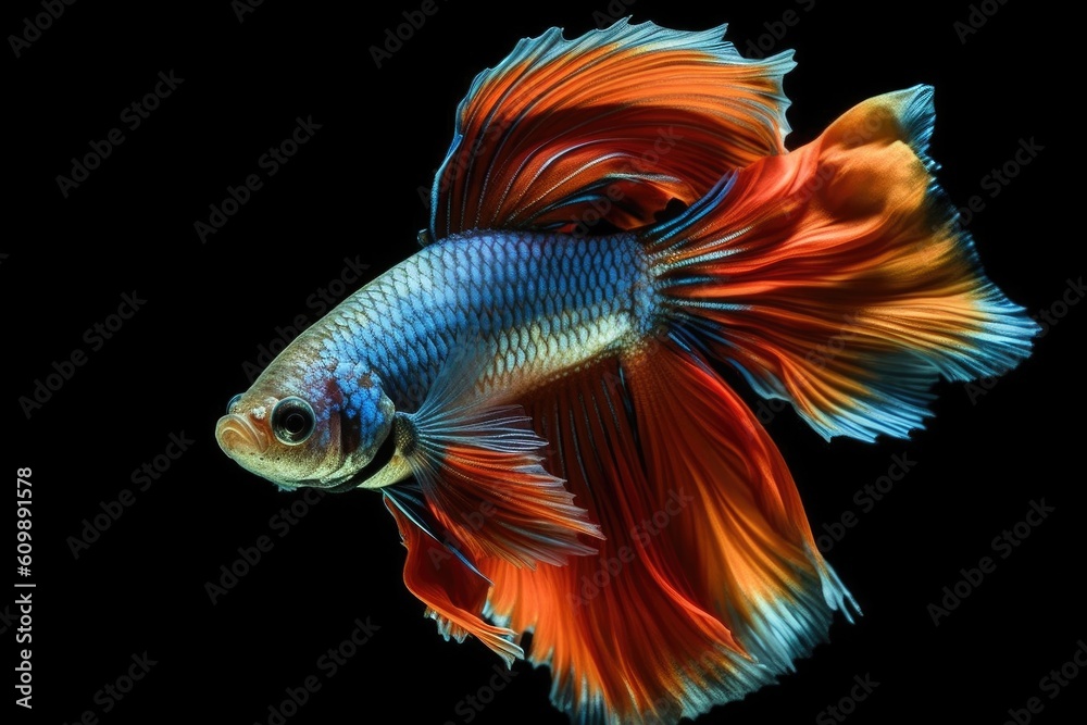 A dragon fighting fish Betta splendens on black background. Multi color Siamese fighting fish. Generative AI A dragon fighting fish Betta splendens on black background. Multi color Siamese fighting fish. Generative AI