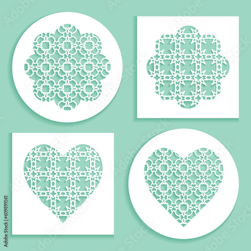 Templates for laser cutting, plotter cutting, printing. Heart and flower shape line pattern. Geometric design cut out of paper. Mandala die cut ornament. Fretwork panels, cutout silhouette stencils