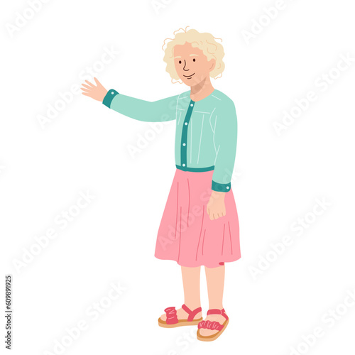 Cute girl shows something. Smiling kid teen girl wearing denim jacket greeting and invite other. Flat vector illustration isolated on white background