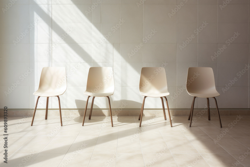 Four isolated chairs in beige color with copyspace background. Minimalist interior decoration concept. Generative AI Four isolated chairs in beige color with copyspace background. Minimalist interior decoration concept. Generative AI