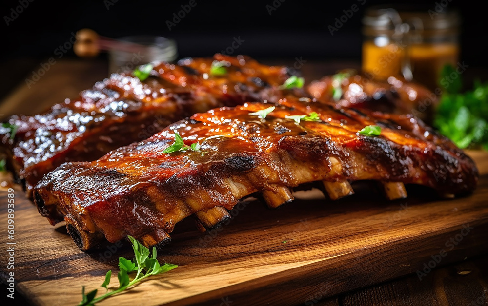 Succulent and tender pork ribs marinated in a savory blend of spices, then grilled and glazed with a sweet honey mixture. Succulent and tender pork ribs marinated in a savory blend of spices, then grilled and glazed with a sweet honey mixture.