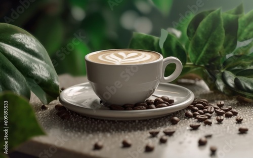 A close-up shot of a milky cup of coffee with coffee beans and leaves. AI generated