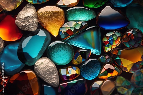 Multicolor stones Pebble background. Smooth round wet glass stones texture background. Generative AI