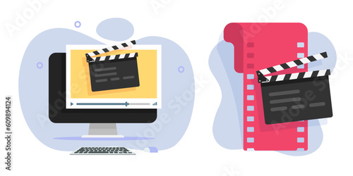 Video film movie creating editing icon on computer pc vector flat graphic illustration, online motion content production digital montage image clipart graphic, creating animation studio design