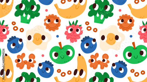 Funny colorful pattern with food characters. Seamless vector wallpaper.

