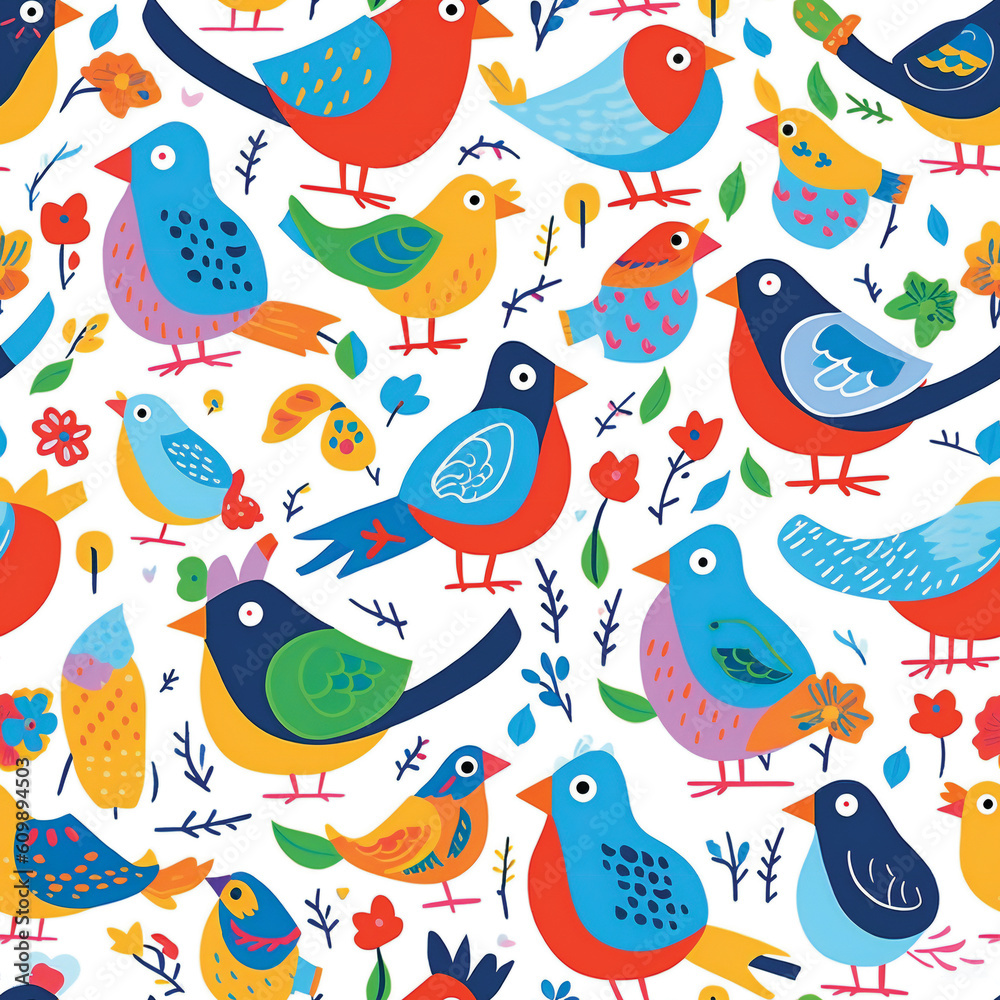 Funny colorful cartoon birds. Seamless pattern. Created with Generative AI technology. Funny colorful cartoon birds. Seamless pattern. Created with Generative AI technology.