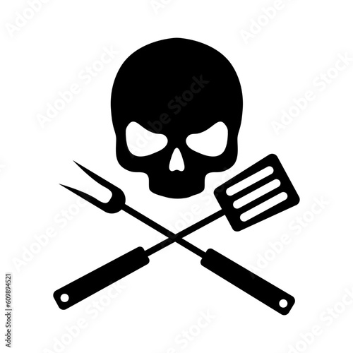 Logo bbq. Herramientas de barbacoa y parrilla. Utensilios de barbacoa. Símbolo pirata con silueta de cráneo con espátula cruzada con tenedor