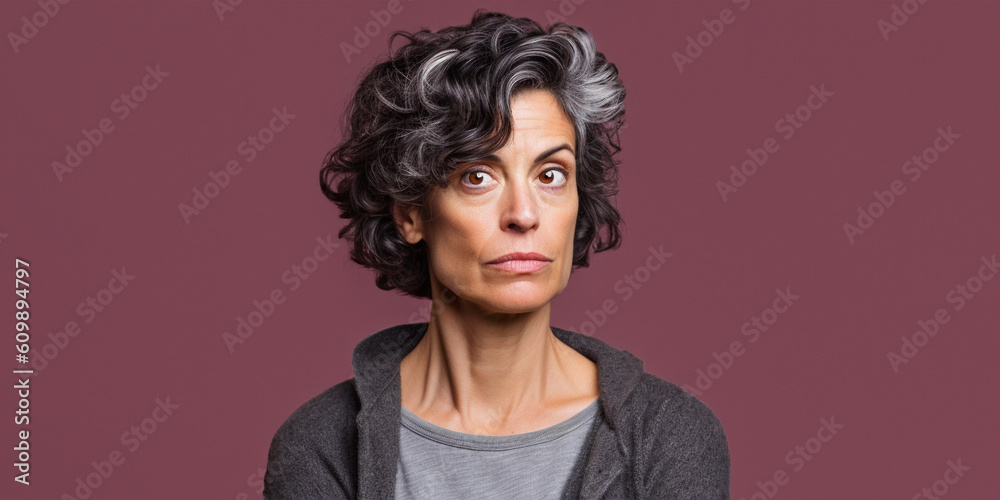 Studio portrait of skeptical mature woman, close up with purple background, Generative AI Studio portrait of skeptical mature woman, close up with purple background, Generative AI