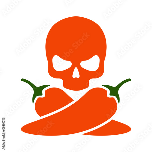Logo restaurante. Símbolo pirata con silueta de cráneo con pimientos picantes cruzados
