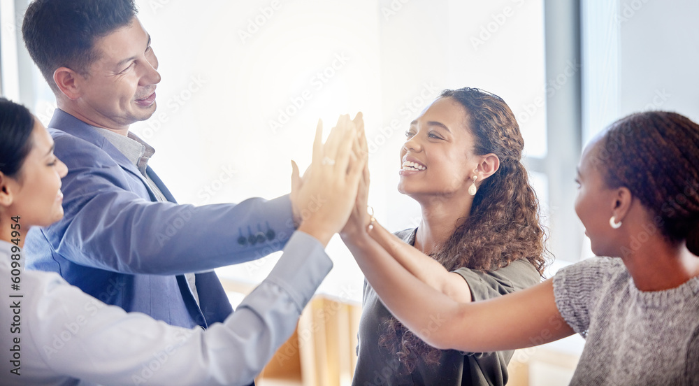 Fototapeta premium Business people, meeting and high five in team building, agreement or collaboration in unity at the office. Happy group of employees touching hands in teamwork, motivation or celebration for goals