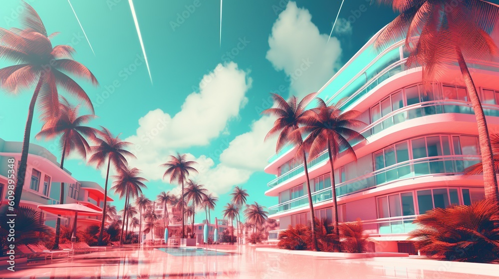 Naklejka premium Generative AI, Miami Summer Vibes retro illustration. Vintage pink and blue colors, buildings, California palms, 80s style